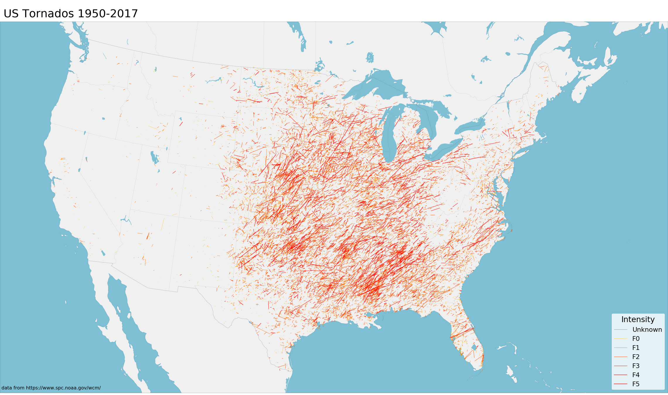 map of US with traces of tornado paths