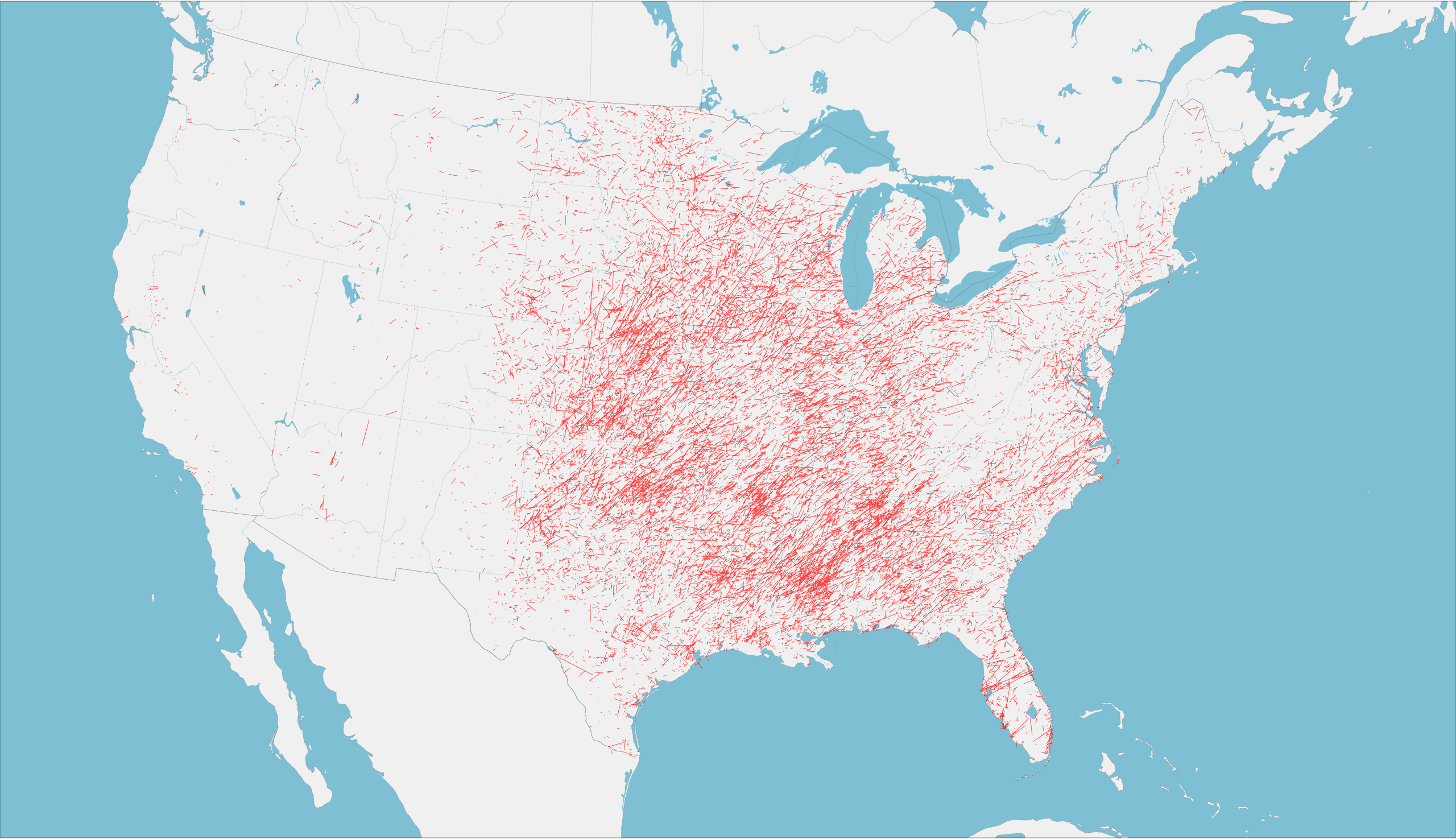 map of US with traces of tornado paths