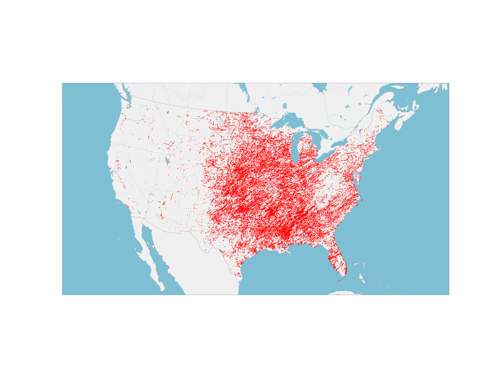 map of US with traces of tornado paths